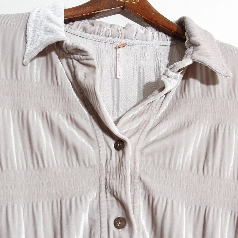 Free People My Best Top Winter Fog Grey Velvet Button Down Tunic Size Medium